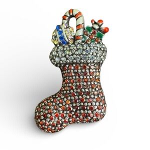 Lia Sophia Red Stocking Brooch with AB Crystal Christmas Holiday Pin
